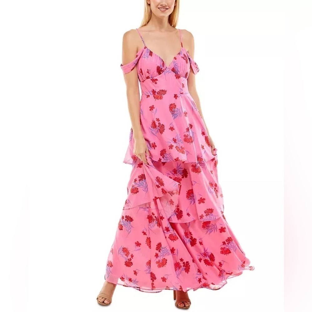 Crystal Doll Cold-shoulder pleated drape maxi/formal dress